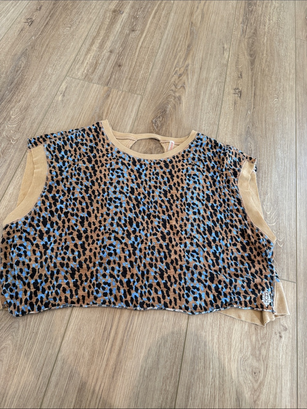 FP Movement by Free People Blue, Tan & Black Leopard Crop Tank with open back